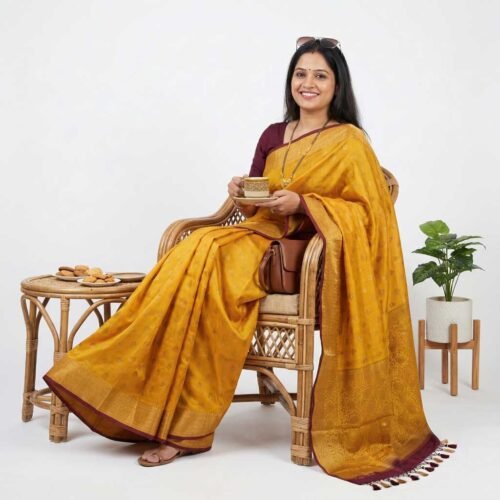 Mustard Wine Banarasi Pure Silk Saree