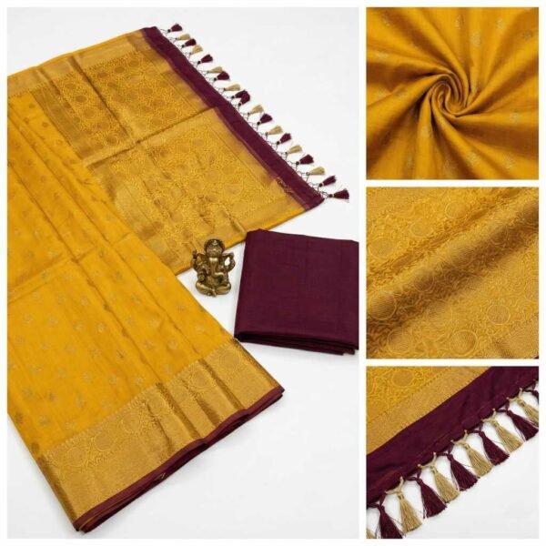 Mustard Wine Banarasi Pure Silk Saree