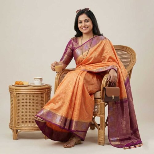 Orange Purple Banarasi Pure Silk Saree