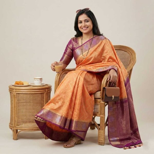 Orange Purple Banarasi Pure Silk Saree