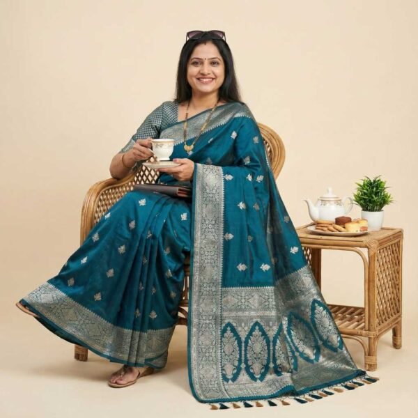 BS002368-4(1) Teal Blue Banarasi Pure Silk Saree