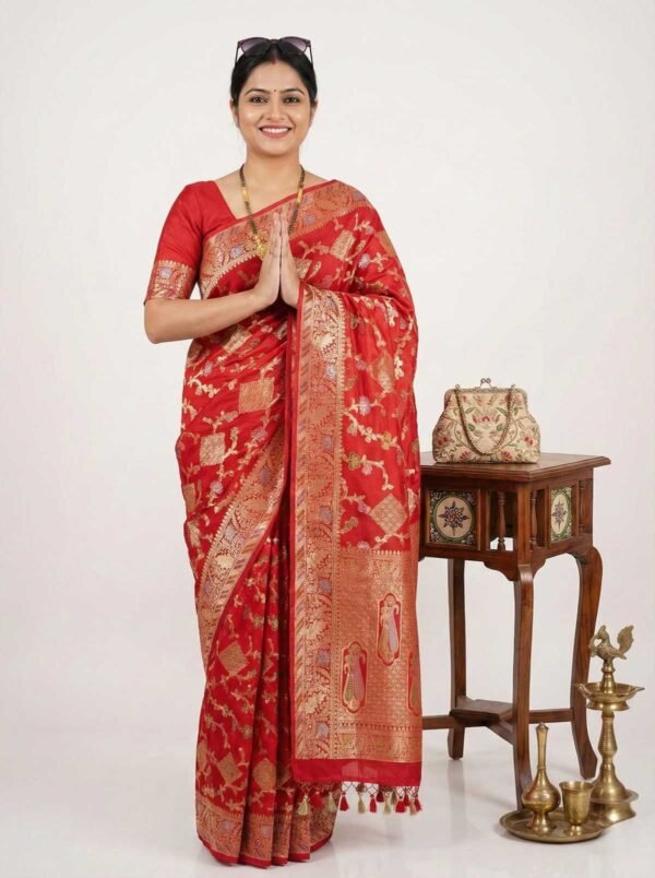 BS002370-2(1) Bright Red Banarasi Pure Silk Saree