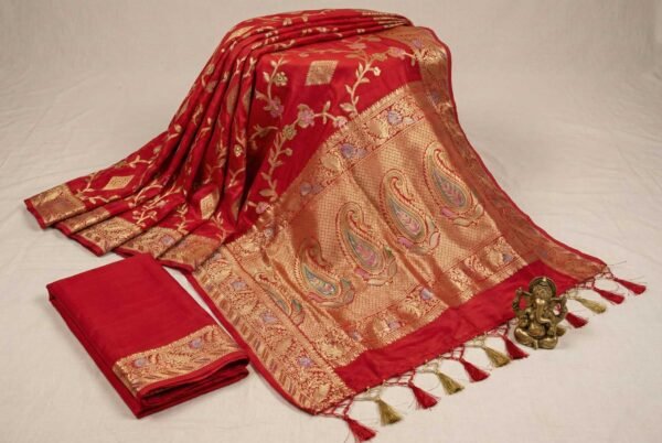 BS002370-2(3) Bright Red Banarasi Pure Silk Saree
