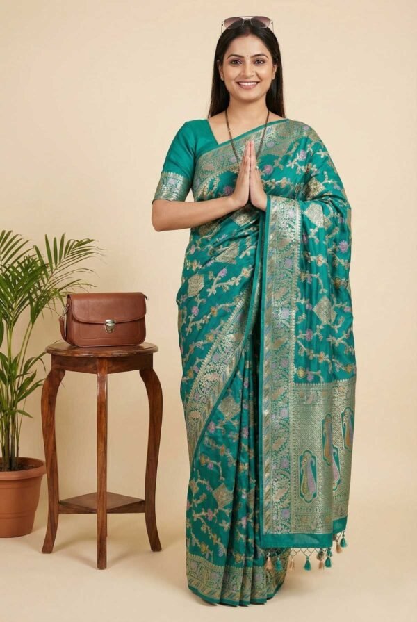 BS002370-3(1) Dark Firozi Banarasi Pure Silk Saree