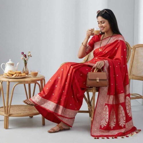 Plain Red Banarasi Silk Saree