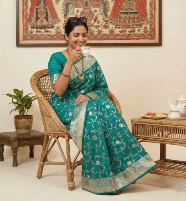 BS002373-2(1) Teal Blue Banarasi Silk Saree