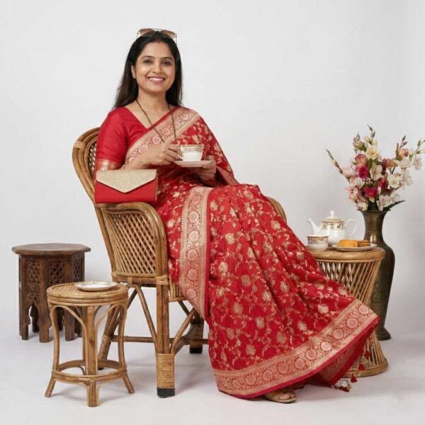 Bright Red Banarasi Silk Saree