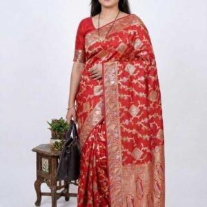 Bright Red Banarasi Pure Silk Saree