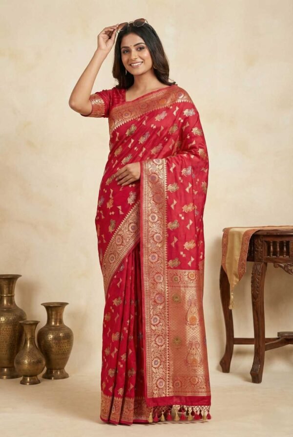 Bright Red Banarasi Pure Silk Saree