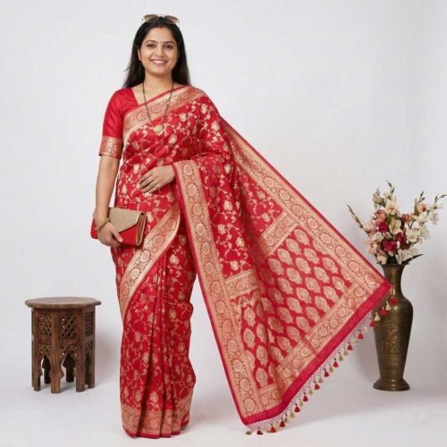 Bright Red Banarasi Silk Saree