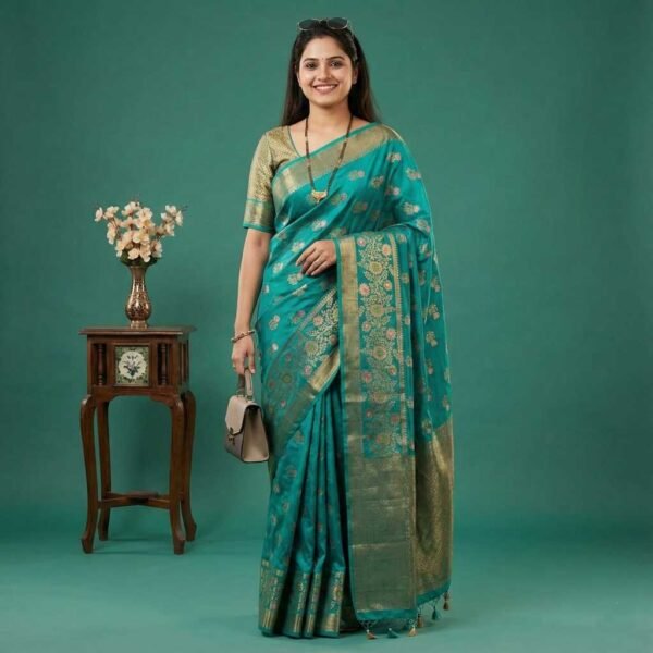 Dark Firozi Meenakari Banarasi Pure Silk Saree