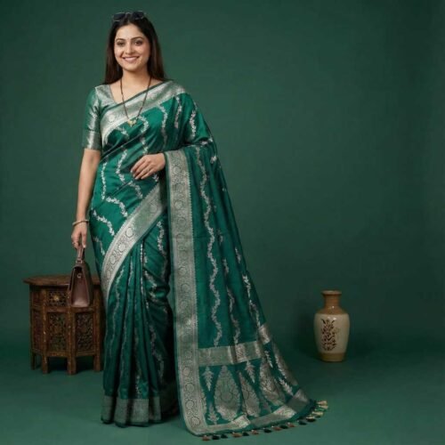 Dark Green Lahariya Banarasi Pure Silk Saree