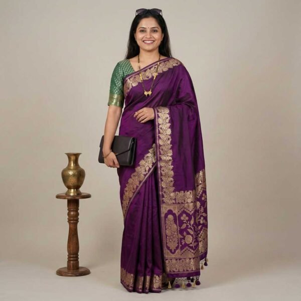 Dark Purple Green Banarasi Pure Silk Saree