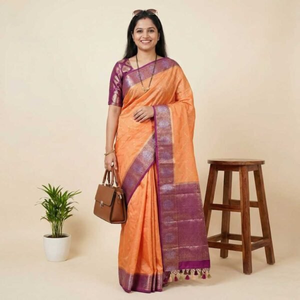 Orange Purple Banarasi Pure Silk Saree