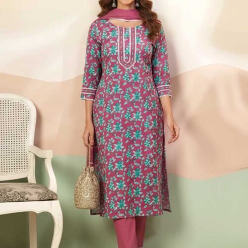 Onion Pink Cotton Stitched Suit