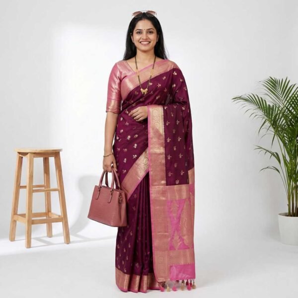 Wine Pink Banarasi Pure Silk Saree