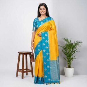 Yellow Firozi Banarasi Pure Silk Saree