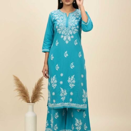 Aqua Blue Chikan Stitched Suit
