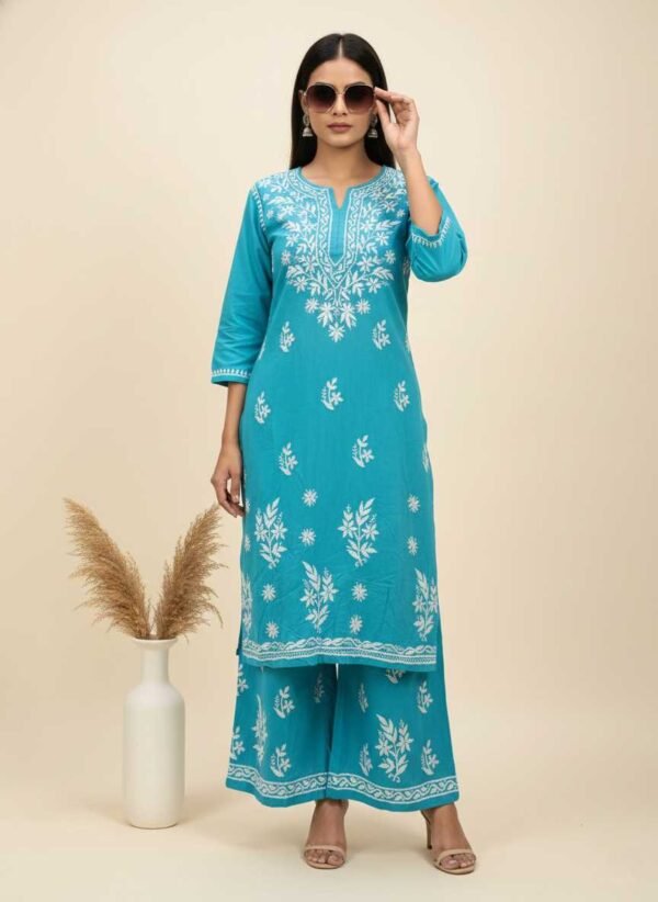 Aqua Blue Chikan Stitched Suit