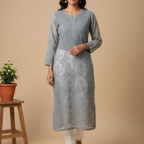 BS002219-2 Gray Chikan Kurti