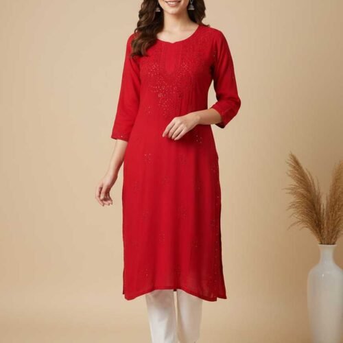 BS002224-10 Bright Red Chikan Kurti