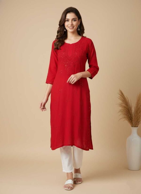 BS002224-10 Bright Red Chikan Kurti