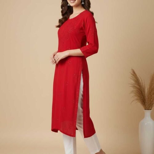 Bright Red Chikan Kurti