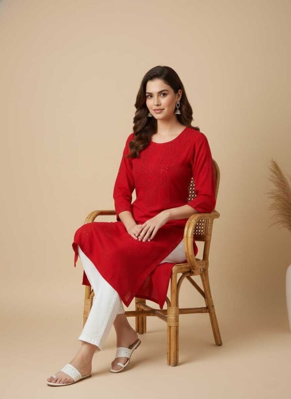 BS002224-10(2) Bright Red Chikan Kurti