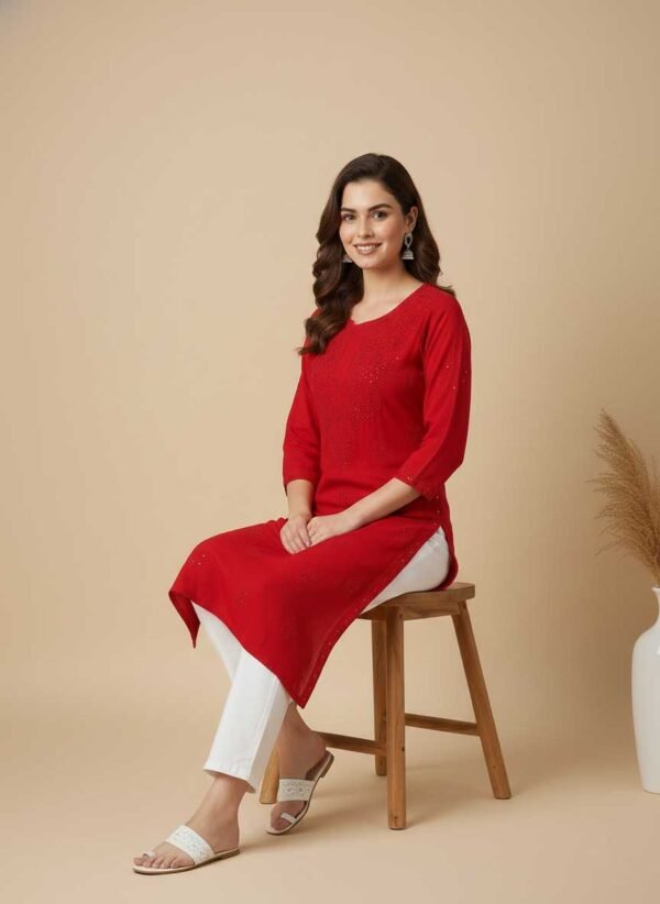 BS002224-10(3) Bright Red Chikan Kurti