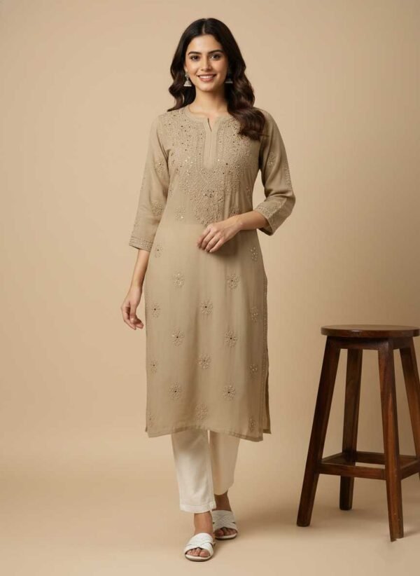 BS002224-5 Beige Chikan Kurti