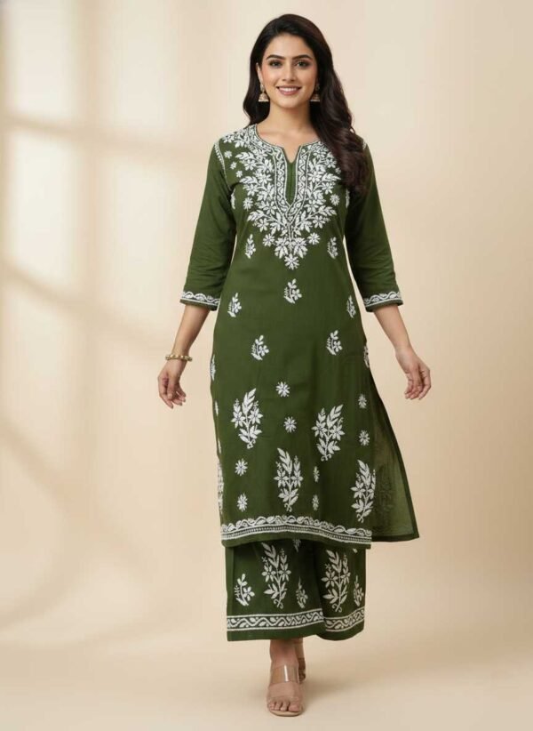 Mehandi Green Chikan Stitched Suit