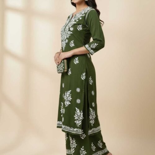 Mehandi Green Chikan Stitched Suit