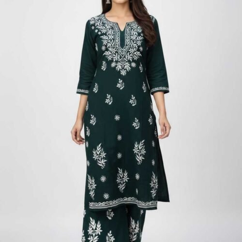 Bottle Green Chikan Stitched Suit
