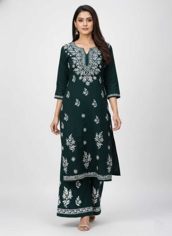 Bottle Green Chikan Stitched Suit