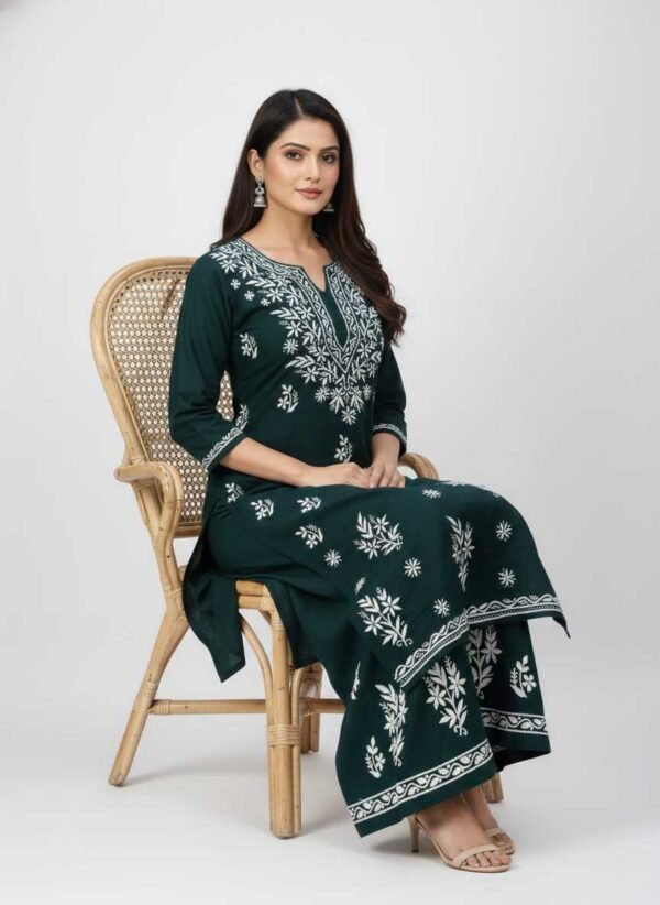 Bottle Green Chikan Stitched Suit