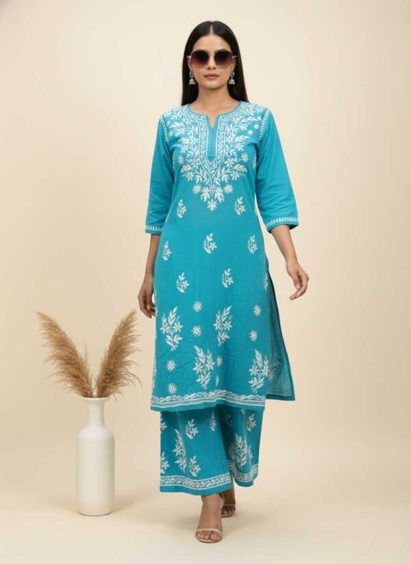 Aqua Blue Chikan Stitched Suit