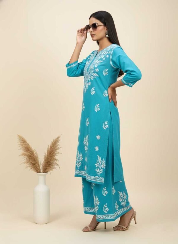 Aqua Blue Chikan Stitched Suit