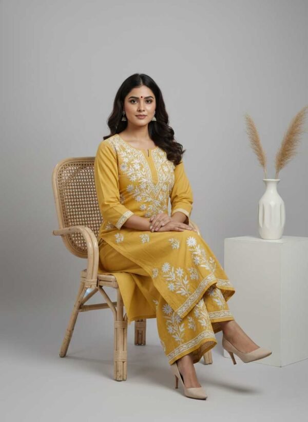 Yellow Chikan Stitched Suit