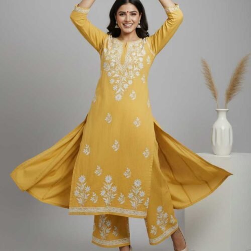 Yellow Chikan Stitched Suit