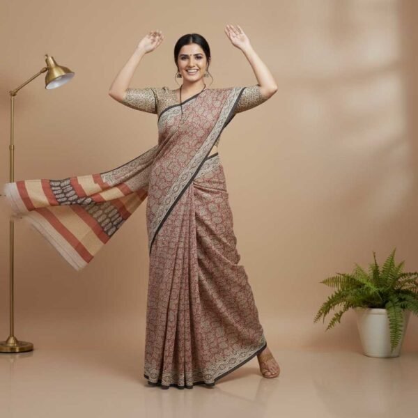 BS002380-5(3) Terracotta Bagru Print Cotton Saree