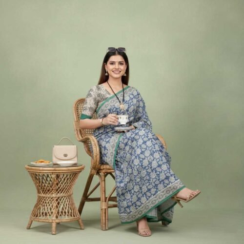 Peacock Blue Bagru Print Cotton Saree