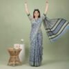 BS002380-6(2) Peacock Blue Bagru Print Cotton Saree