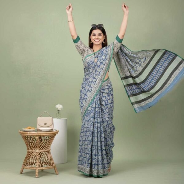BS002380-6(2) Peacock Blue Bagru Print Cotton Saree