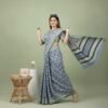 BS002380-6(3) Peacock Blue Bagru Print Cotton Saree