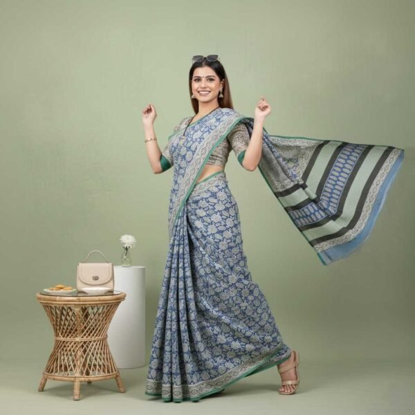 BS002380-6(3) Peacock Blue Bagru Print Cotton Saree