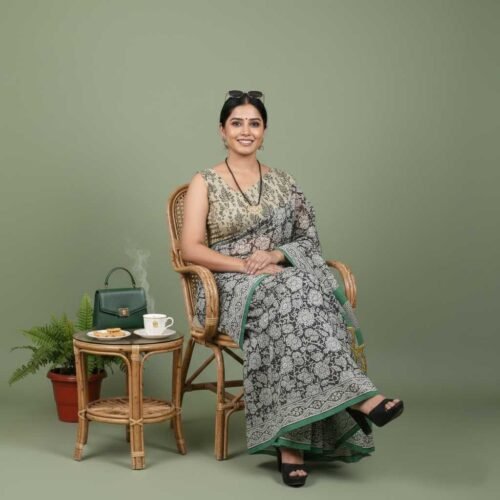 Black Bagru Print Cotton Saree