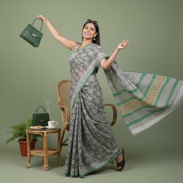 Black Bagru Print Cotton Saree