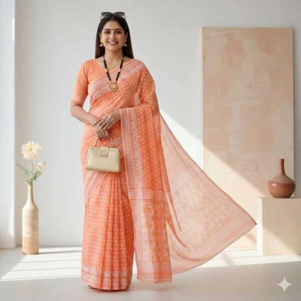 Orange Jamdani Cotton Saree