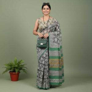 Black Bagru Print Cotton Saree