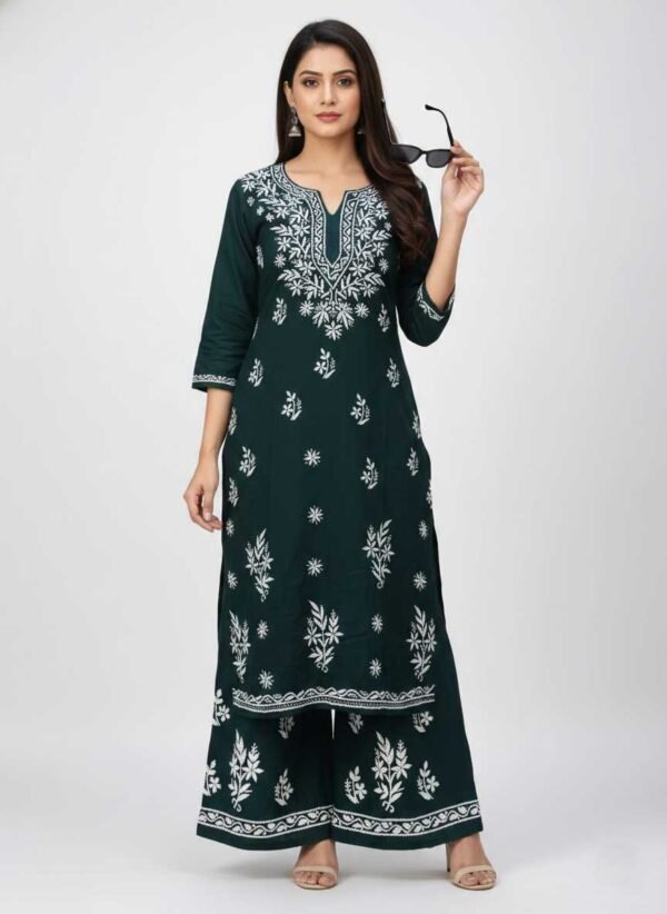 Bottle Green Chikan Stitched Suit
